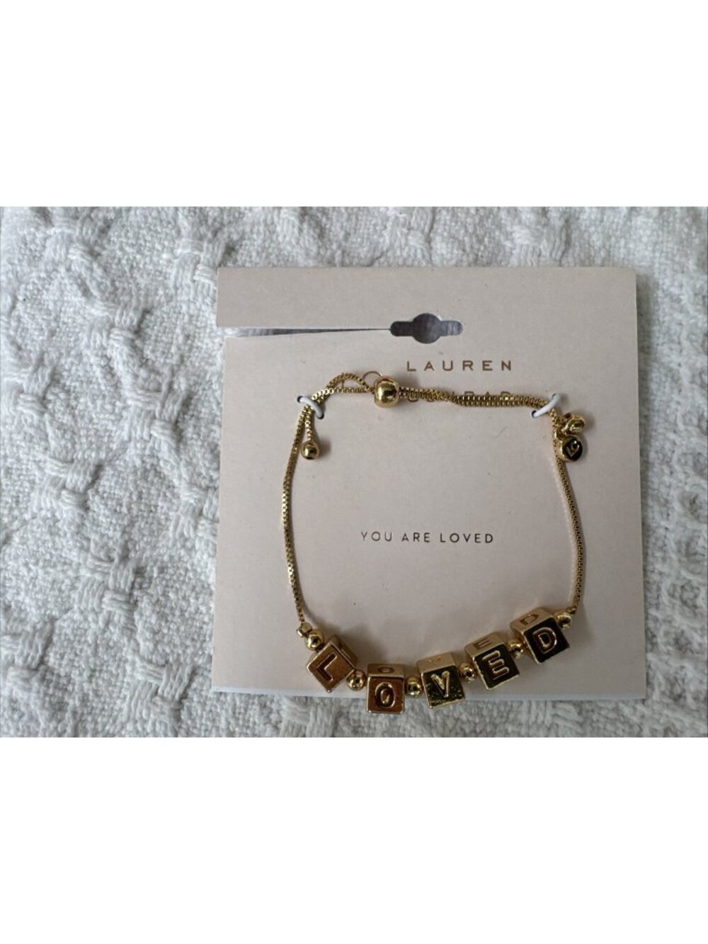 LC Lauren Conrad Goldtone LOVED Block Adjustable Charm Slide Bracelet - NWT